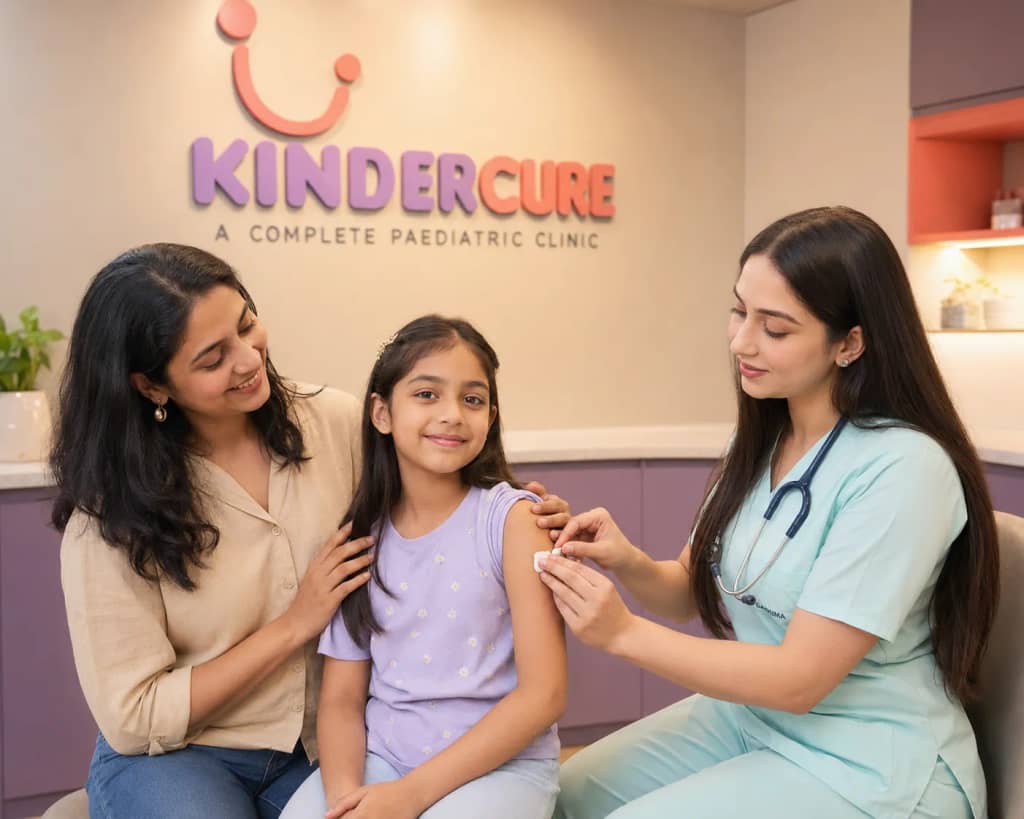 Pediatrician applying a plaster to a school-age girl's upper arm after her flu shot while her mother sits beside her at the KinderCure clinic in Gurgaon