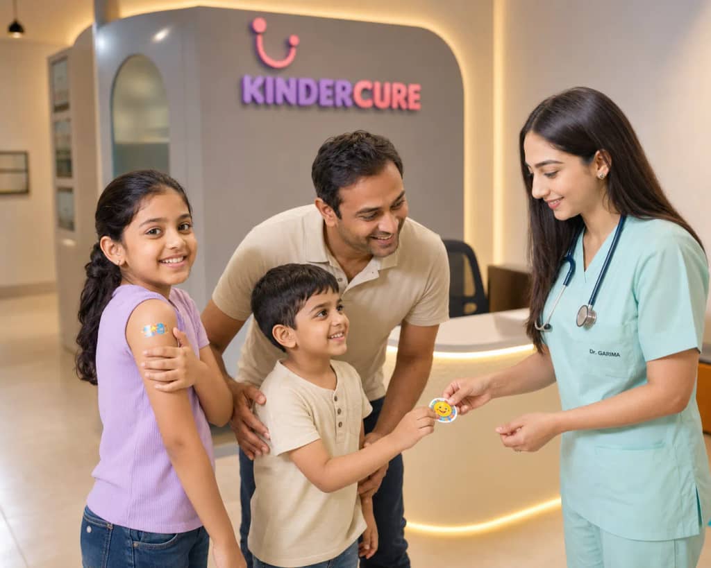 Pediatrician handing a smiley sticker to a young boy while his sister, who has a plaster on her arm, and their father stand with them at the KinderCure clinic reception